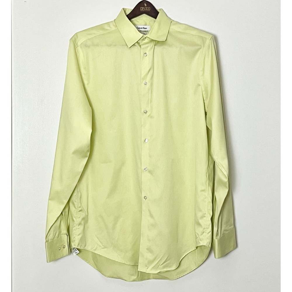 Calvin Klein Button Up Shirt Men's‎ 16.5 Chartreuse Yellow Neon Y2K Slim Fit
